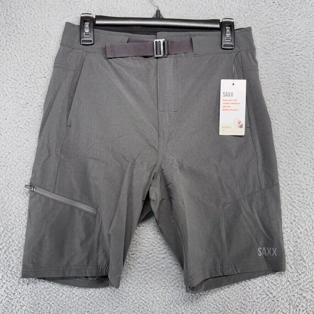 Saxx Shorts Mens 28 Gray Ascender 2 n 1 Ball Park Pouch 9 Inch Belted Hiking NEW